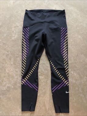 Nike Dri Fit Black Leggings with Purple and Gold Diagonal Design